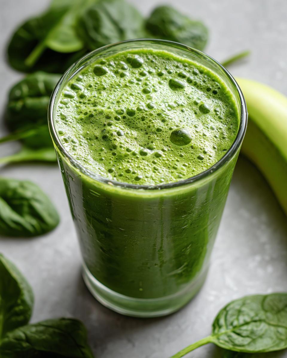 Close-up of a vibrant green detox smoothie in a glass with spinach leaves and banana.