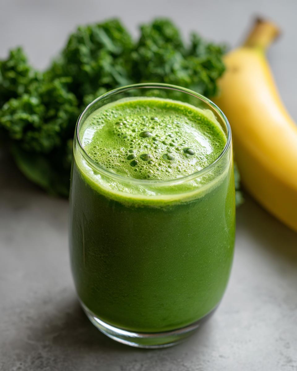 Close-up of a vibrant Green Detox Smoothie in a glass, with kale and banana in the background.