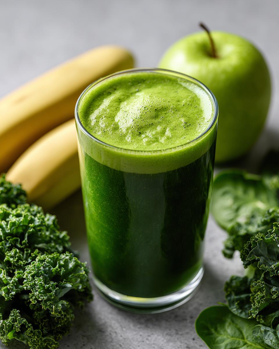 A glass of Green Detox Smoothie surrounded by ingredients like kale, apple, and banana.