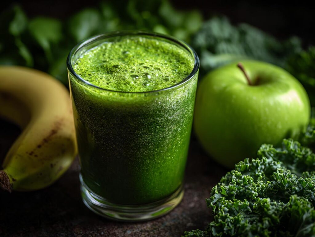 Glass of green detox smoothie with apple, banana, and kale, the perfect Green Detox Smoothie.