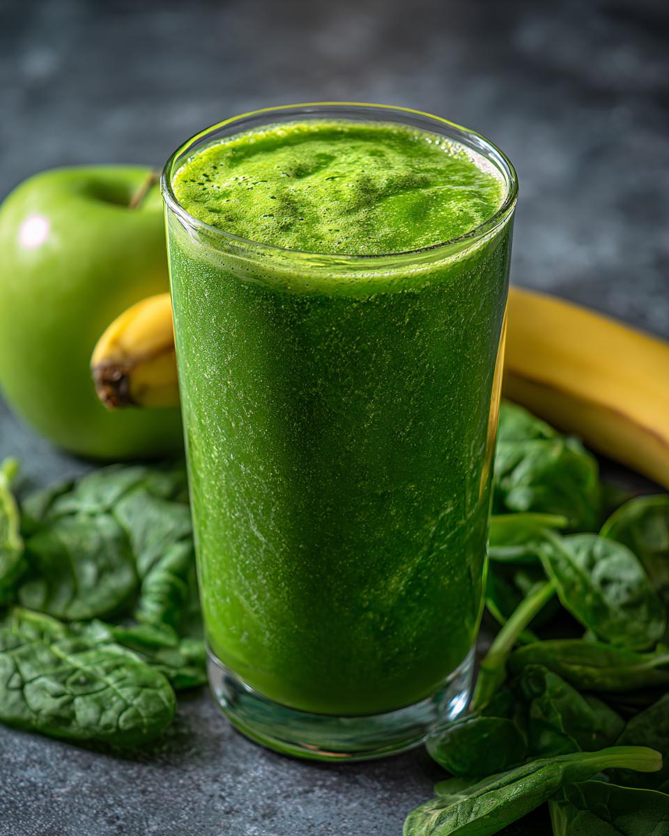 Glass of Green Detox Smoothie with spinach, apple, and banana, perfect for a fresh start.