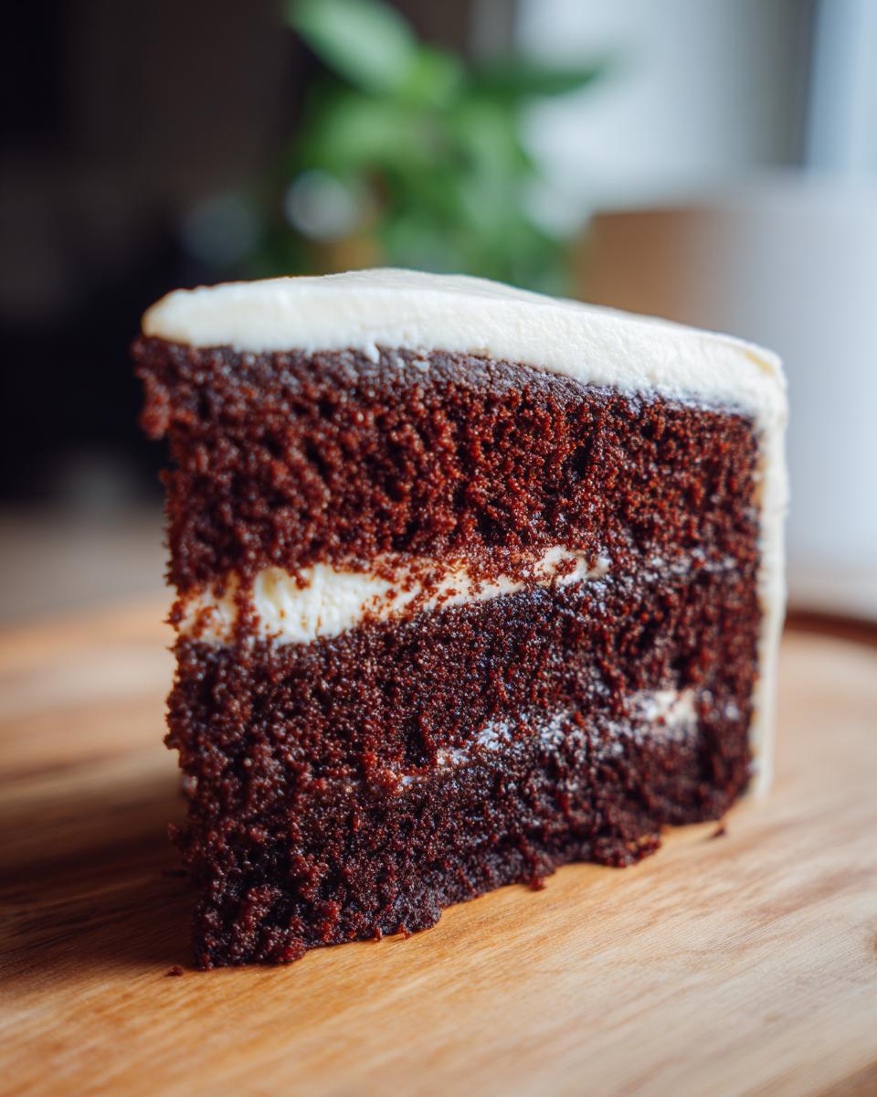 Close-up of a slice of Guinness Chocolate Cake with creamy frosting on a wooden board.
