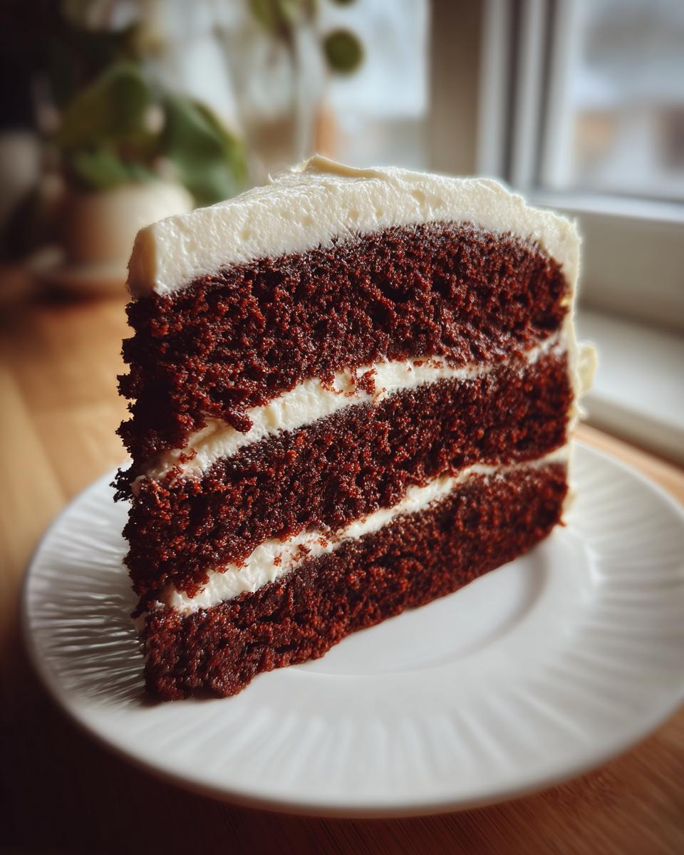 A slice of delicious Guinness Chocolate Cake with creamy white frosting on a white plate.