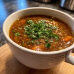 A close-up of a bowl of Hearty Lentil Soup, garnished with fresh parsley.