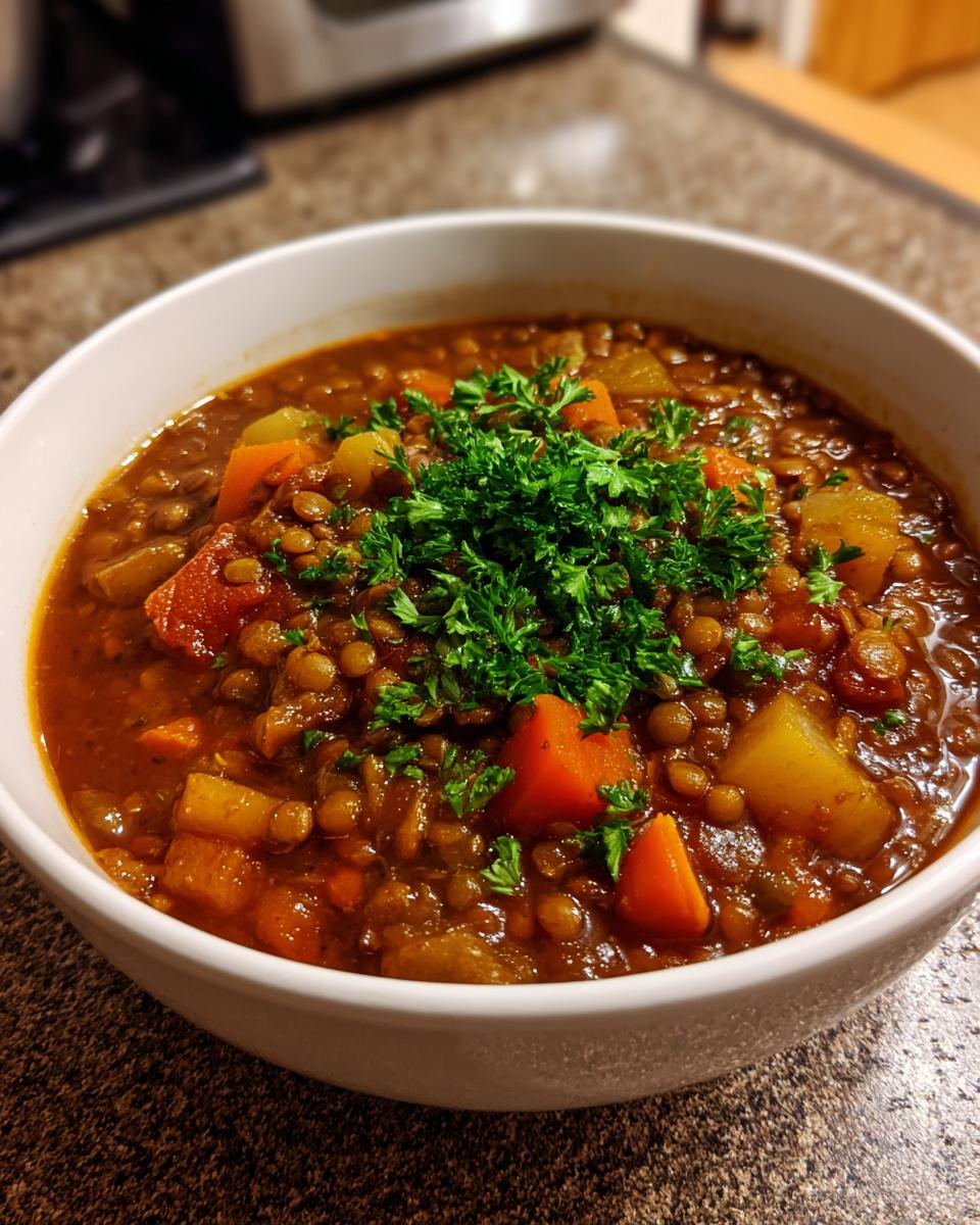 Close-up of a bowl of Hearty Lentil Soup garnished with fresh parsley.