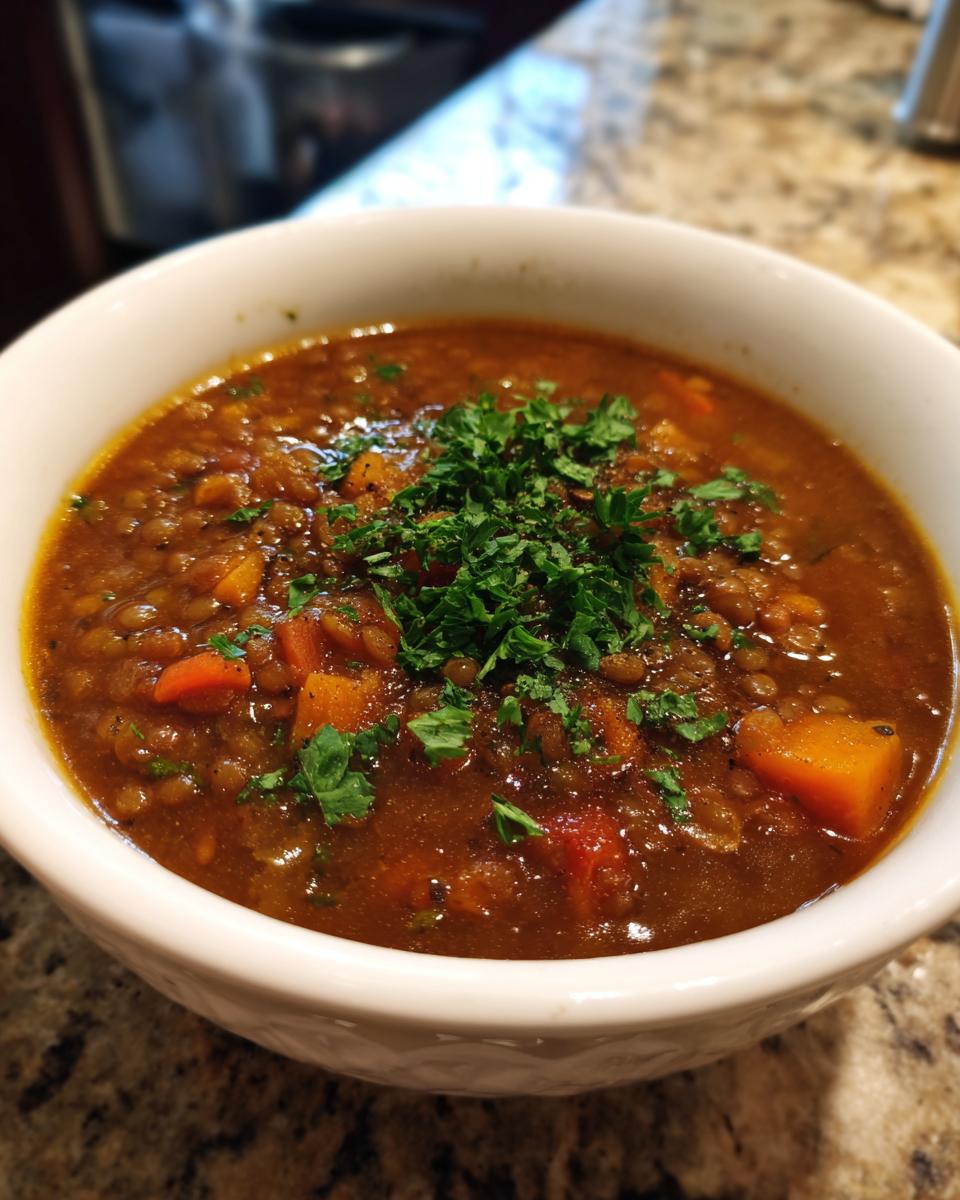 Close-up of a bowl of Hearty Lentil Soup, garnished with fresh parsley.