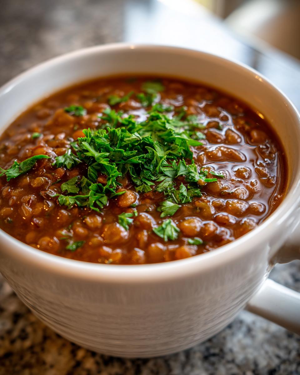 Close-up of a bowl of Hearty Lentil Soup, garnished with fresh parsley.