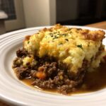 Close-up of a slice of Hearty Shepherd's Pie with mashed potato topping and meat filling.