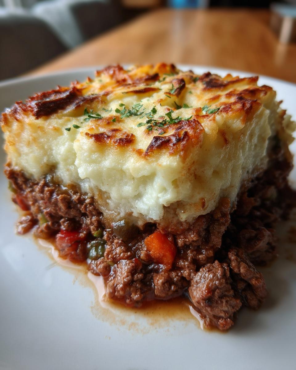 Close-up of a slice of Hearty Shepherd's Pie with mashed potato topping and meat filling.