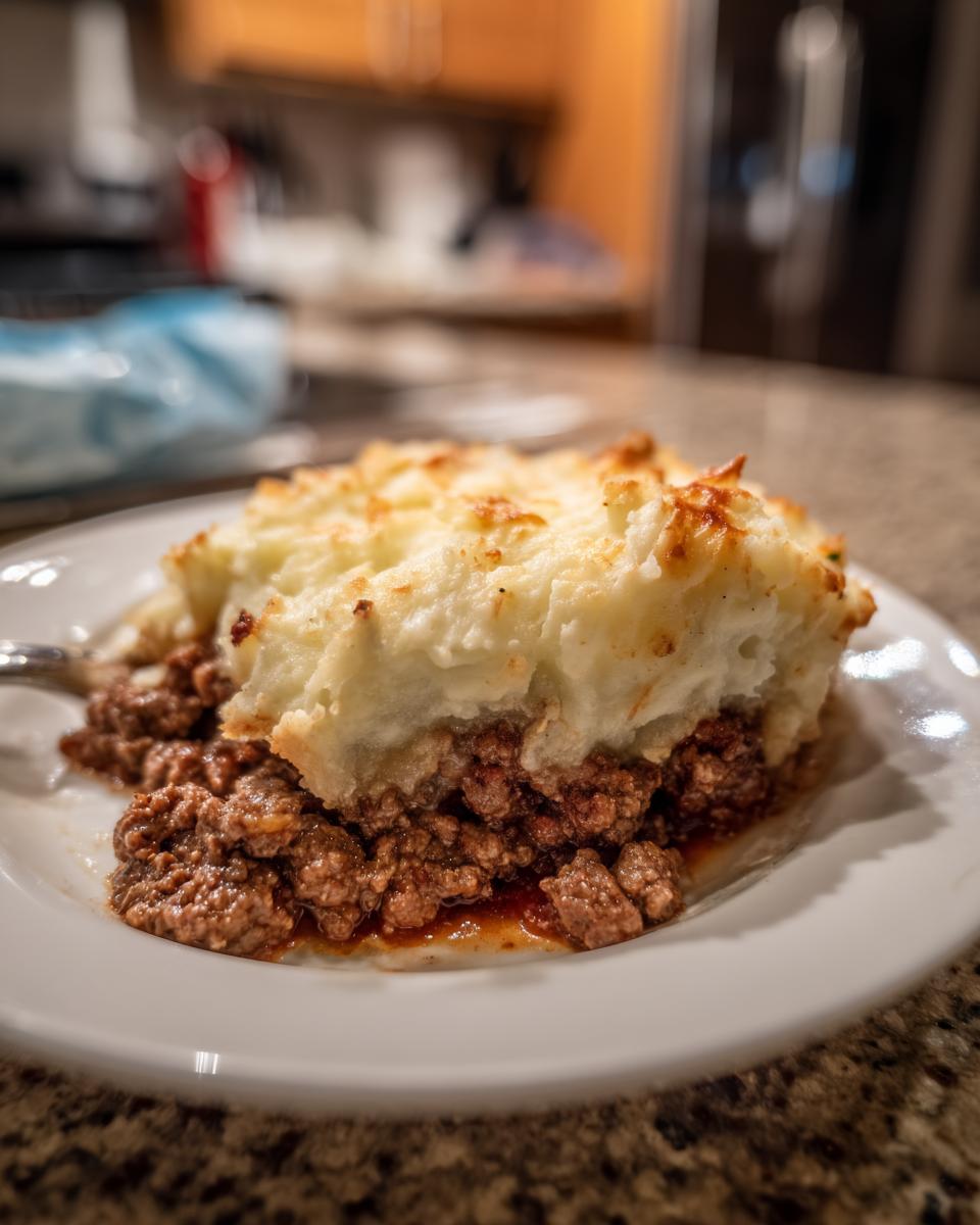 A slice of Hearty Shepherd's Pie on a white plate, showing the meat and mashed potato layers.