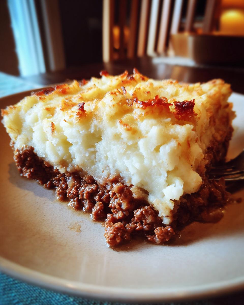 Close-up of a slice of Hearty Shepherd's Pie on a plate, showing the meat and mashed potato layers.