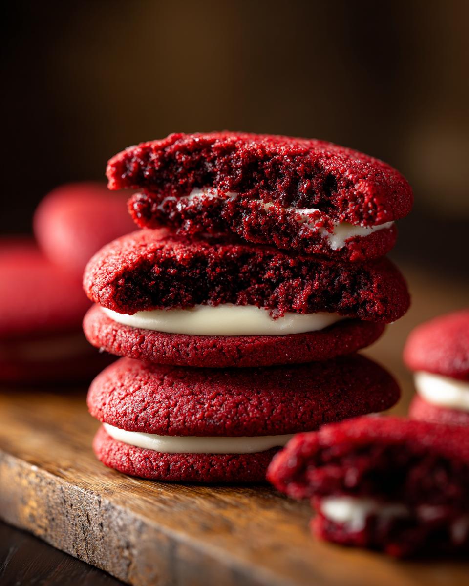 Stack of delicious Hershey's Red Velvet Blossoms Cookies with cream filling, close-up.