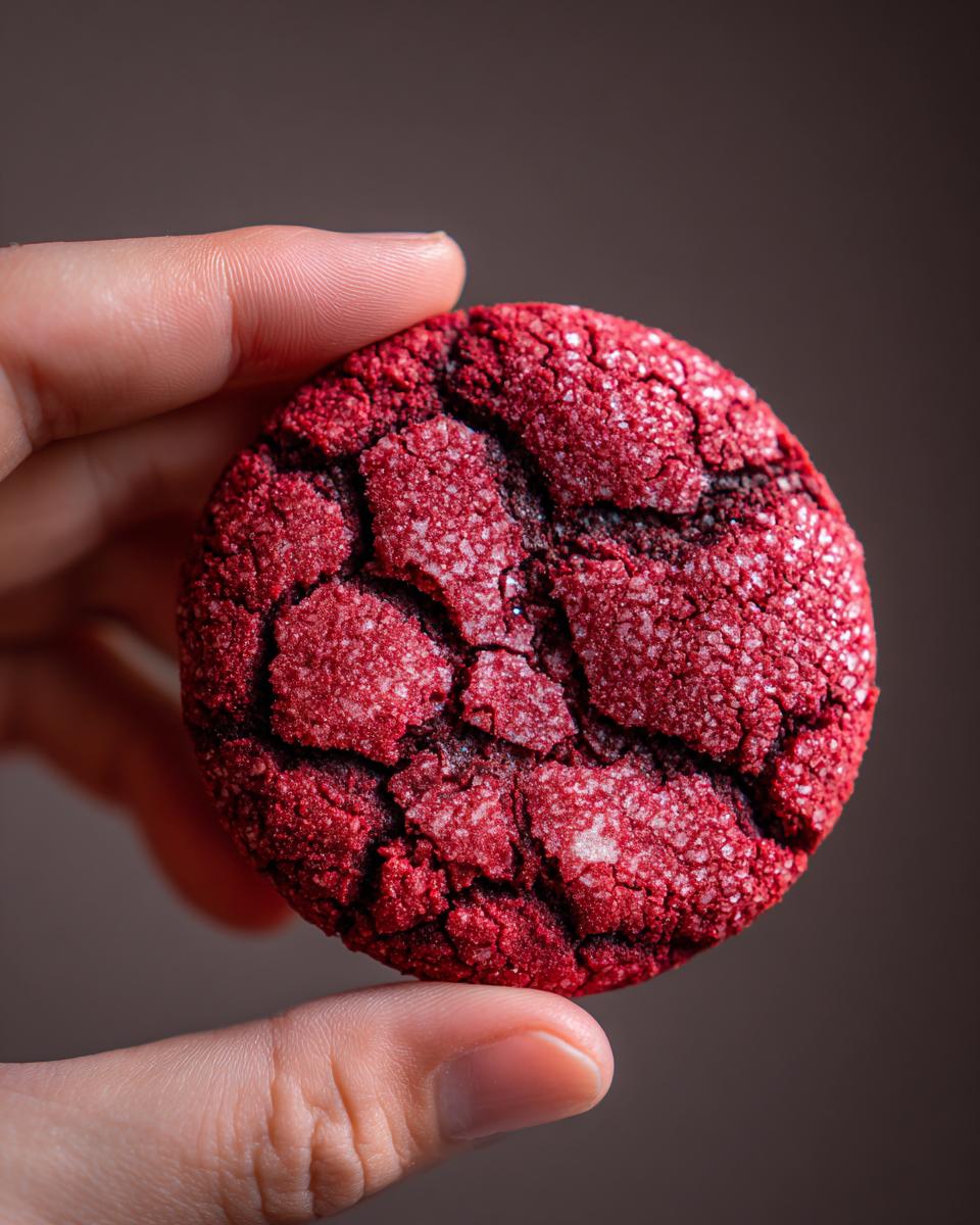 Close-up of a red velvet cookie held in hand. The image features the Easy Hershey's Red Velvet Blossoms Cookies.
