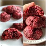 Close-up of freshly baked Easy Hershey's Red Velvet Blossoms Cookies, showing texture and detail.