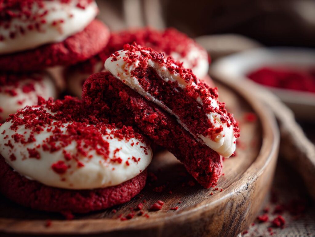 Close-up of Hershey's Red Velvet Blossoms Cookies with white frosting and red sprinkles.