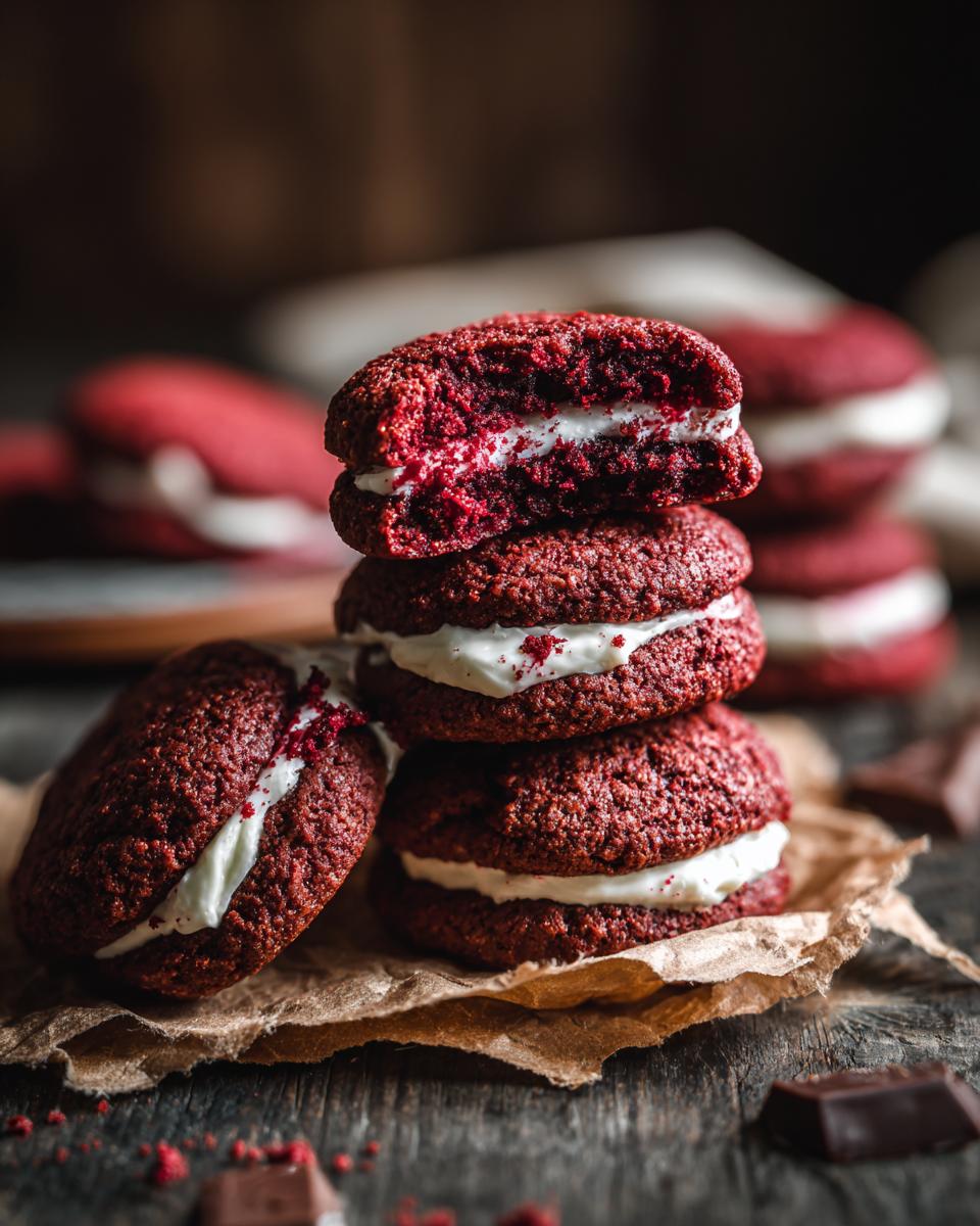 Stack of delicious Hershey's Red Velvet Blossoms Cookies with cream filling on parchment paper.