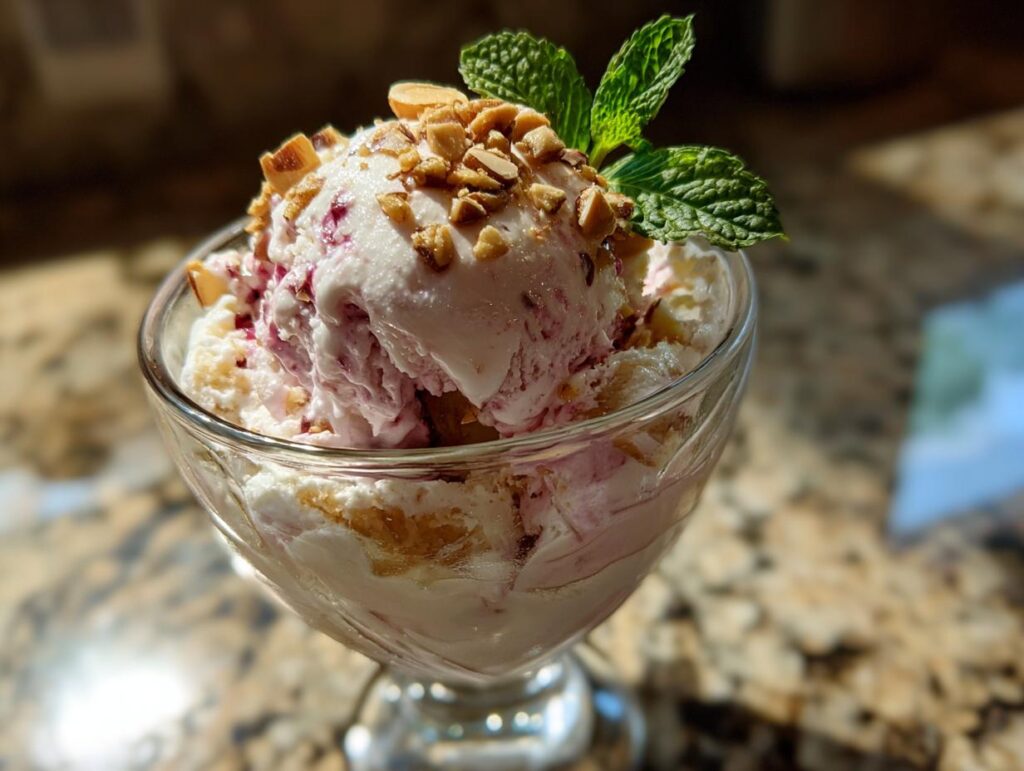 A Honey Lavender Ice Cream Sundae in a glass bowl, topped with nuts and mint.