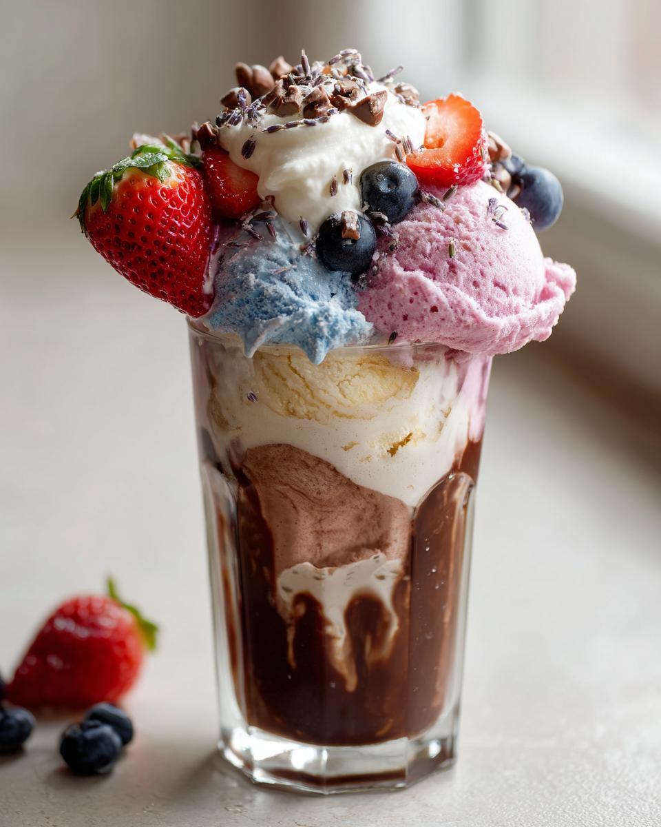 A tall Honey Lavender Ice Cream Sundae with colorful ice cream, fresh berries, and whipped cream.