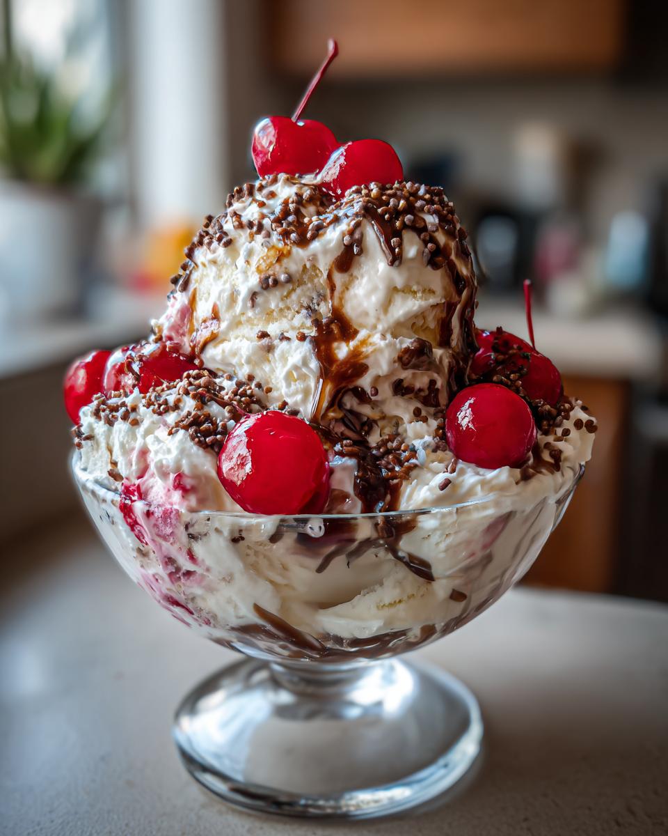 A large sundae with ice cream, whipped cream, chocolate sauce, sprinkles, and cherries. This is a Honey Lavender Ice Cream Sundae.