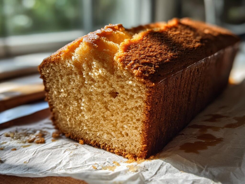 Close-up of a freshly baked Honey Olive Oil Cake loaf, showing the moist crumb.