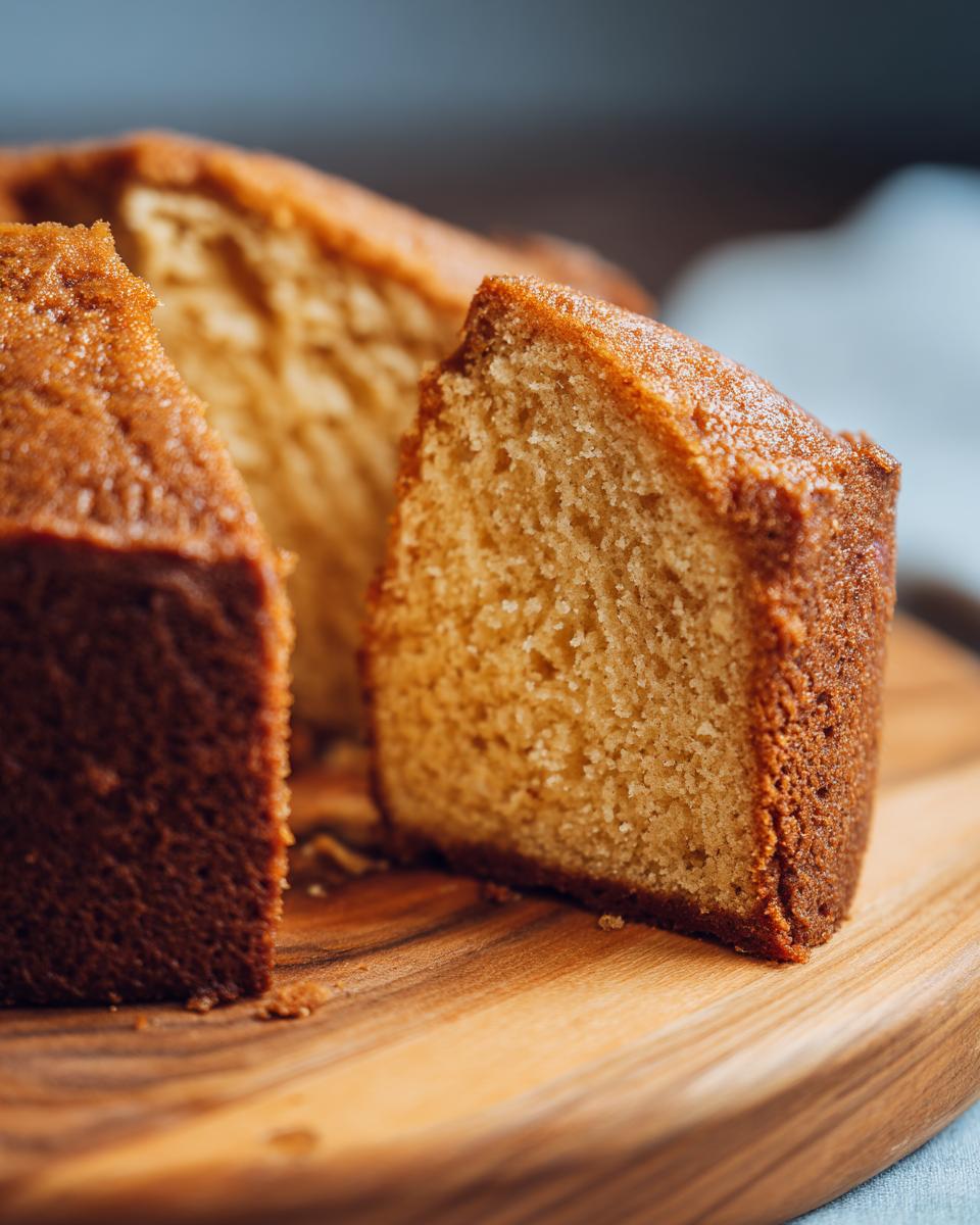 Close-up of a slice of Honey Olive Oil Cake on a wooden board, showing the moist crumb.