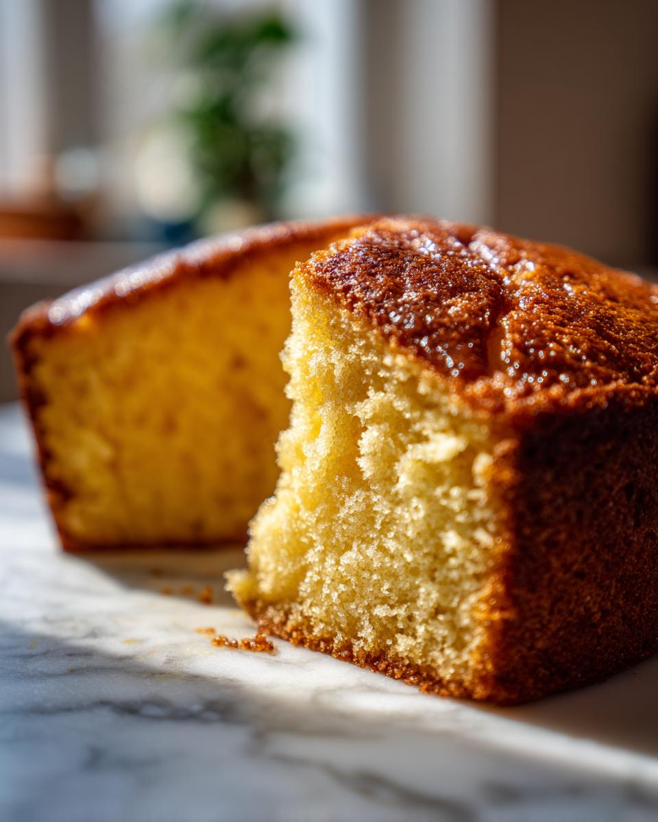 Close-up of a slice of Honey Olive Oil Cake, showing the moist texture and golden crust.