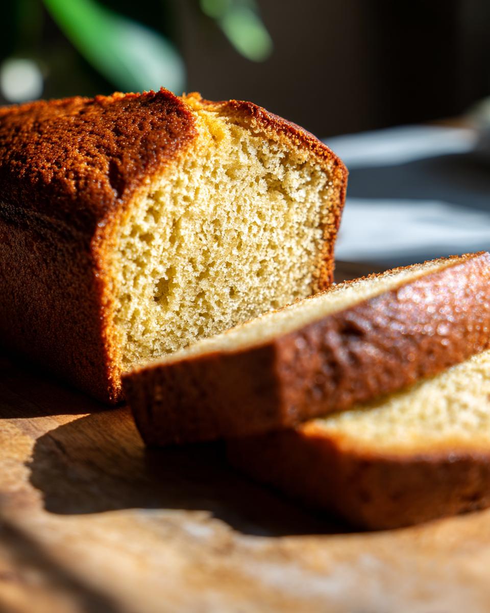 Close-up of sliced Honey Olive Oil Cake, showcasing the texture and golden crust.
