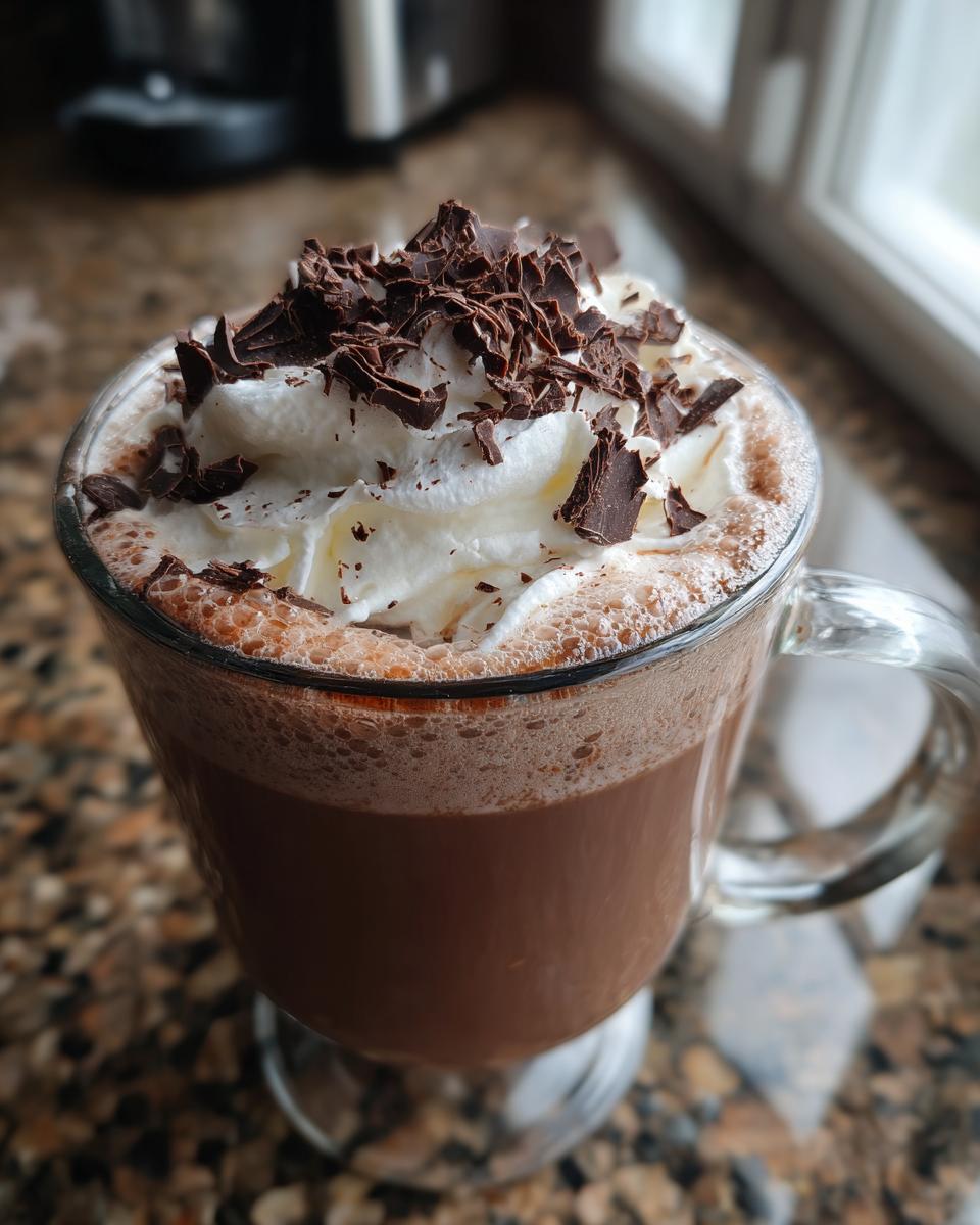 A clear glass mug filled with hot chocolate, topped with whipped cream and chocolate shavings. This is our Hot Chocolate with a Secret Upgrade.