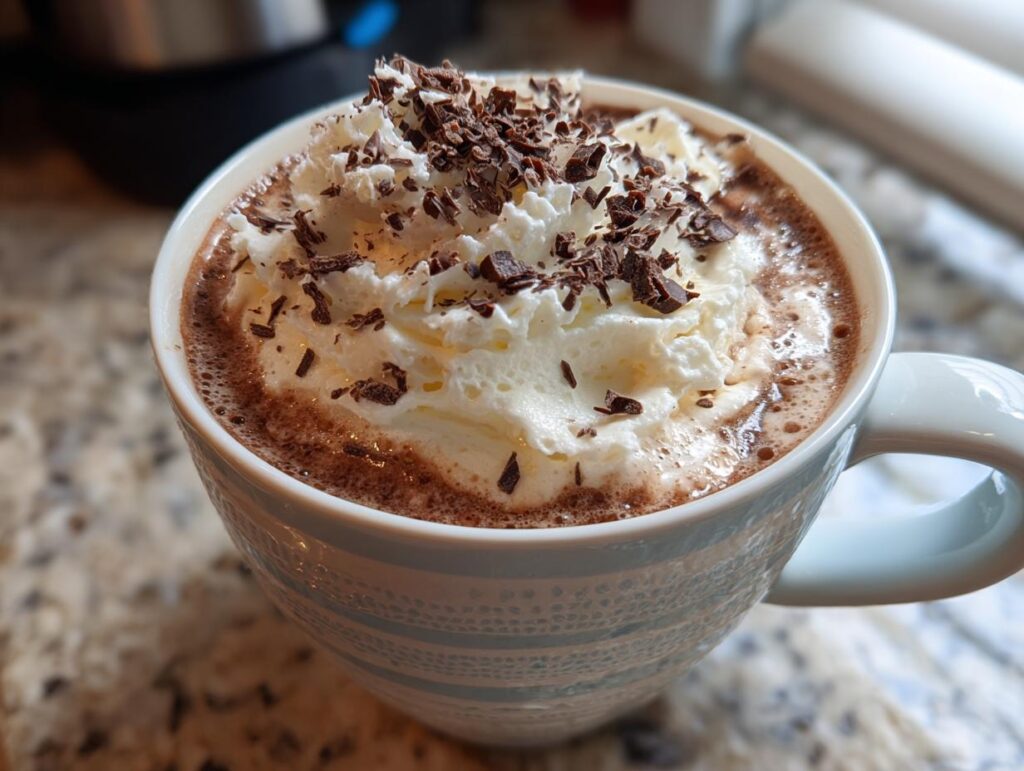 Close-up of a mug of hot chocolate with whipped cream and chocolate shavings. This is our Hot Chocolate with a Secret Upgrade.