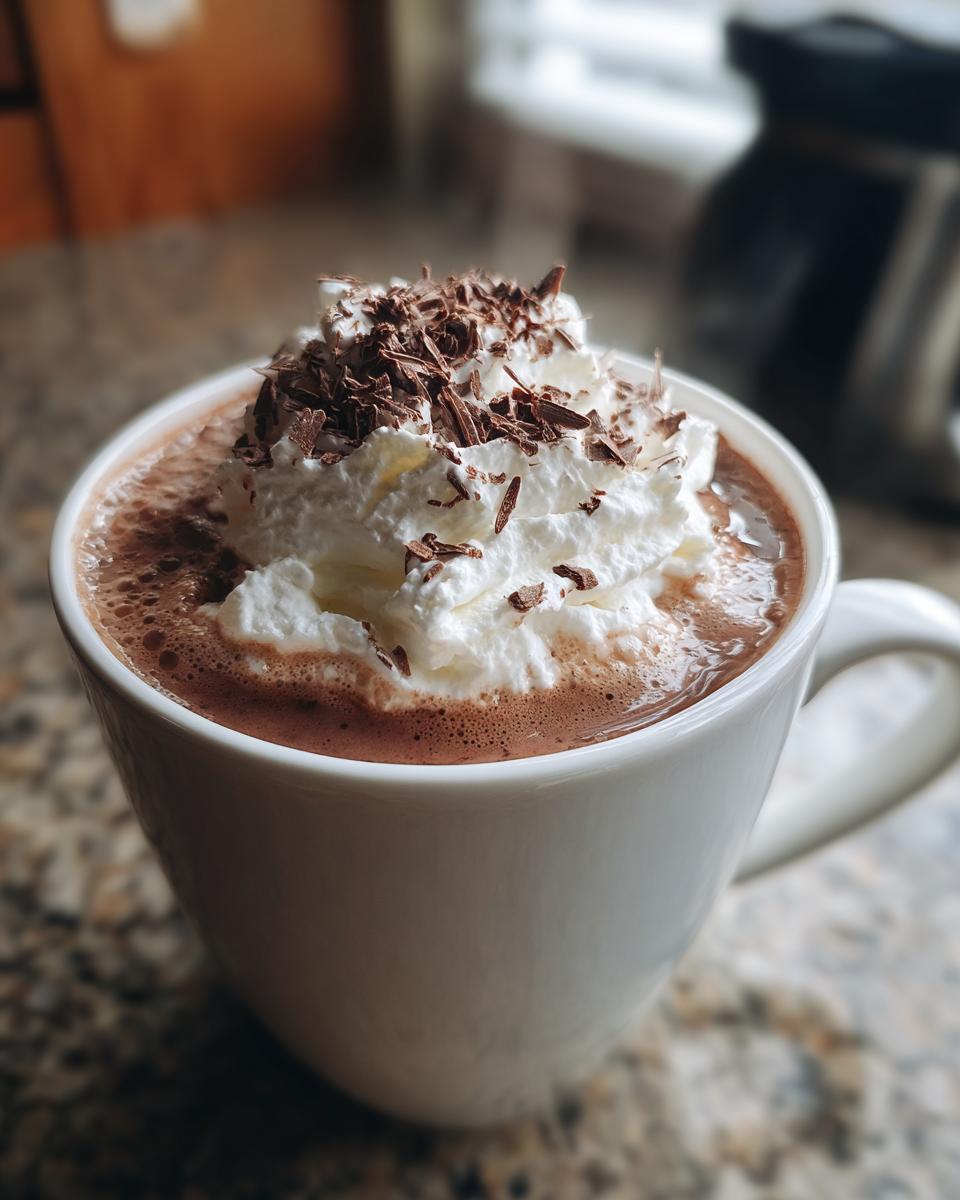 Close-up of a mug of hot chocolate with whipped cream and chocolate shavings; the perfect Hot Chocolate with a Secret Upgrade.
