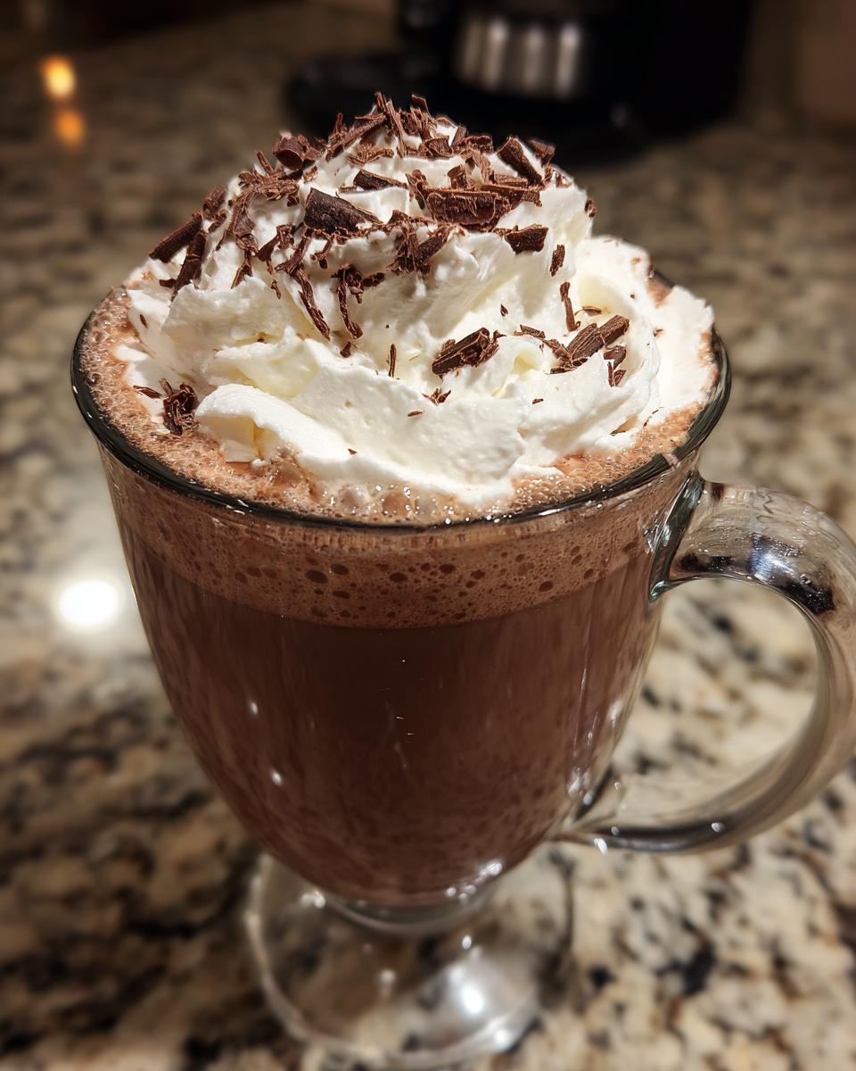 Close-up of a glass of Hot Chocolate with a Secret Upgrade, topped with whipped cream and chocolate shavings.