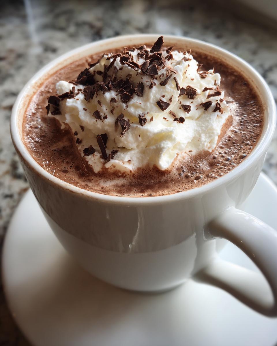 A cup of hot chocolate with whipped cream and chocolate shavings, the perfect Hot Chocolate with a Secret Upgrade.