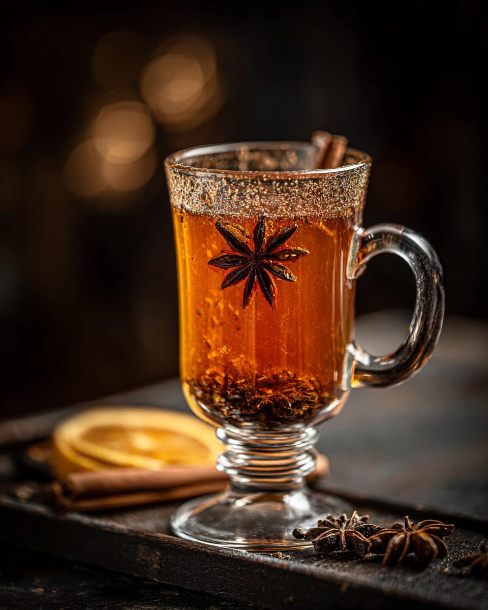 A glass of Hot Spiced Buttered Rum, garnished with star anise and cinnamon.