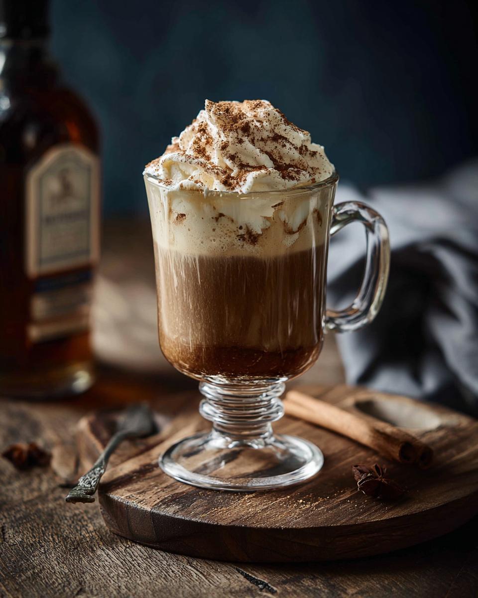 A warm glass of Hot Spiced Buttered Rum topped with whipped cream and cinnamon, perfect for winter.