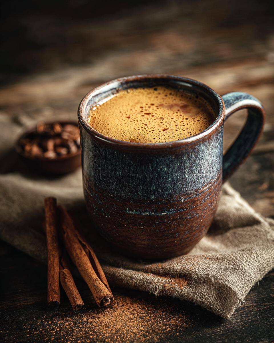 Close-up of a mug of Hot Spiced Buttered Rum with cinnamon sticks and spices.
