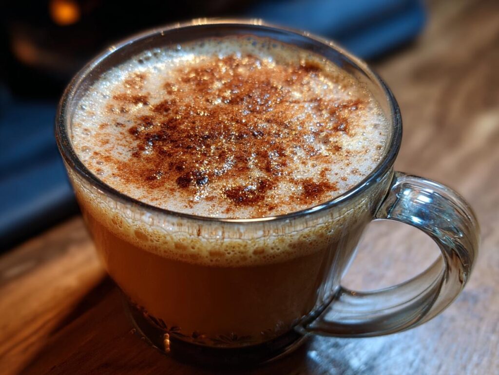 Close-up of a mug filled with Hot Spiced Buttered Rum, topped with spices, perfect for a cozy winter evening.