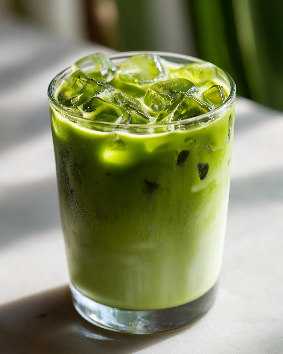 Close-up of a vibrant Iced Matcha Latte in a glass with ice cubes, perfect for a refreshing drink.