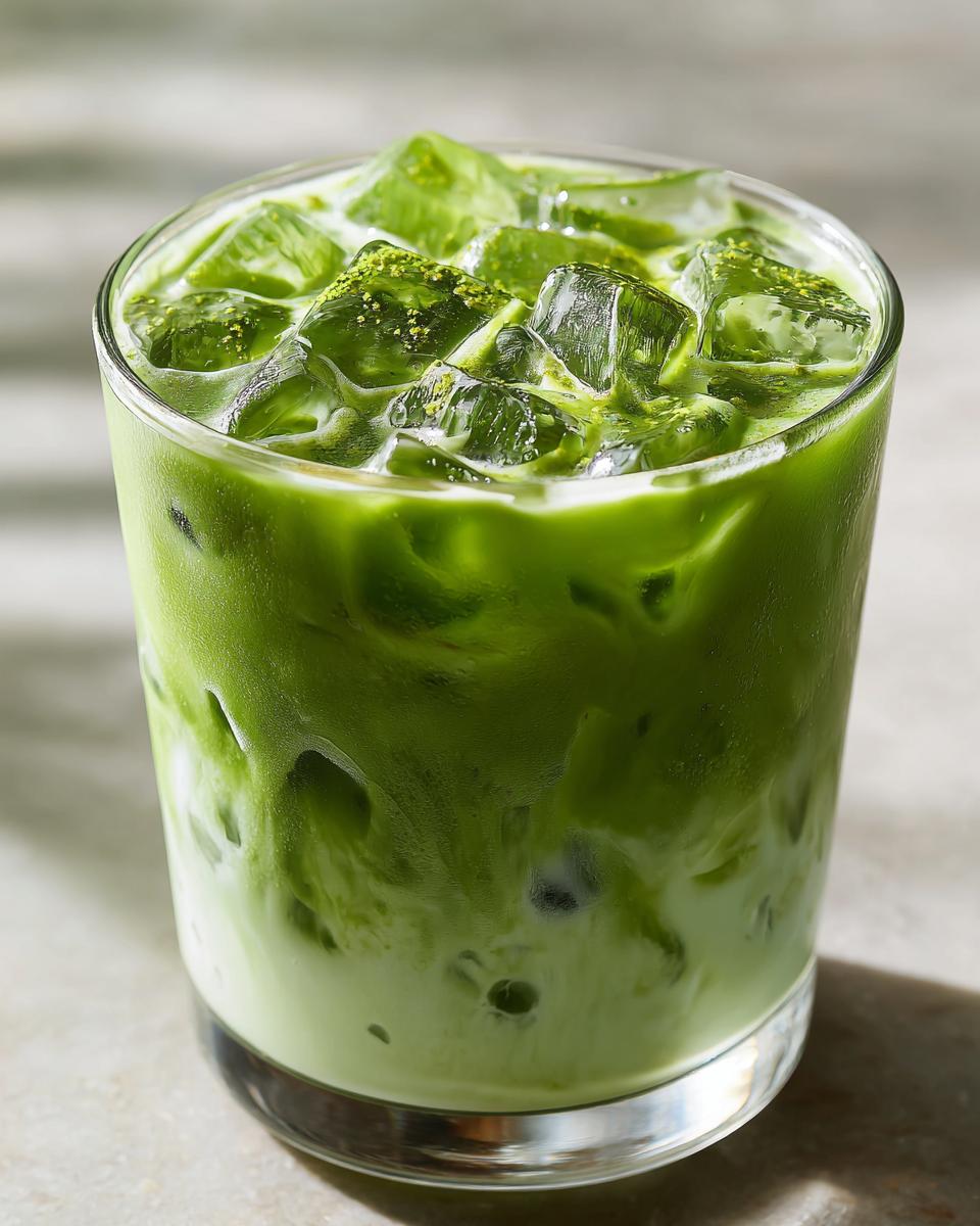 Close-up of a vibrant Iced Matcha Latte with ice cubes in a glass, a refreshing drink.