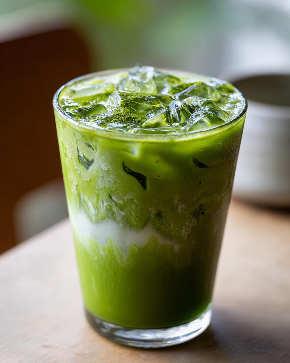 Close-up of a vibrant Iced Matcha Latte in a glass with ice cubes, showing layers of matcha and milk.