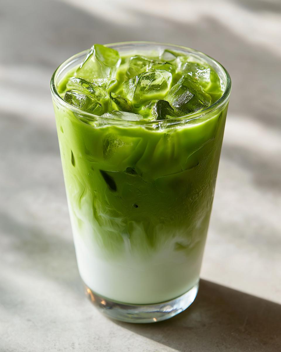 A tall glass of Iced Matcha Latte with ice cubes, showing the layers of matcha and milk.