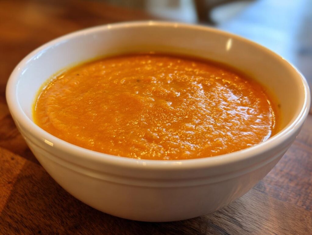 Close-up of a bowl filled with vibrant Immune-Boosting Carrot Ginger Soup, a healthy and flavorful meal.