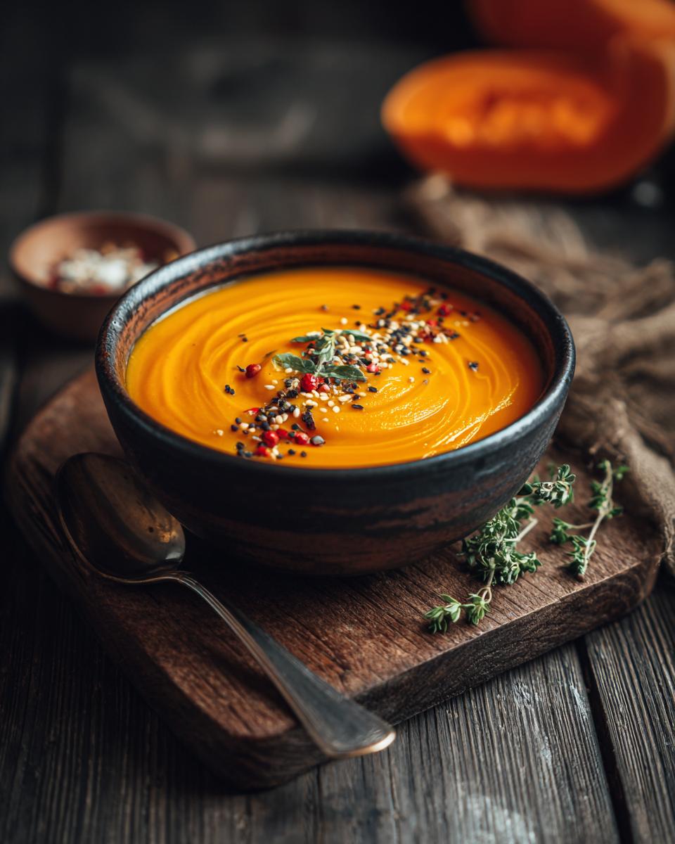 A bowl of vibrant Immune-Boosting Carrot Ginger Soup, garnished with herbs and spices.