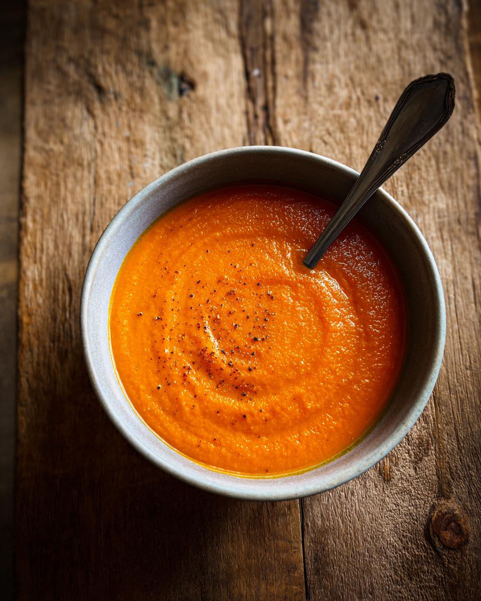 A bowl of creamy Immune-Boosting Carrot Ginger Soup on a wooden table with a spoon.