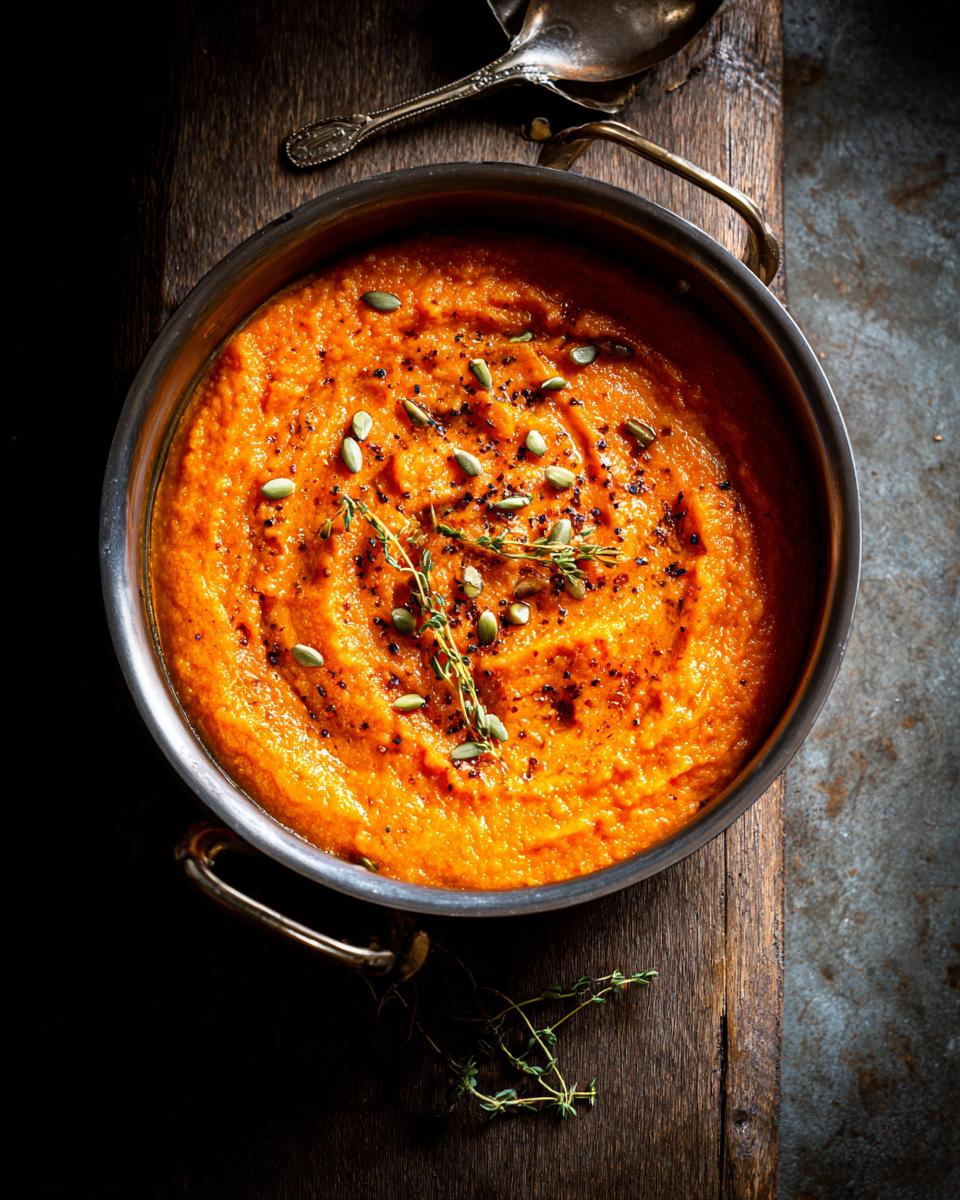 Overhead shot of a pot of Immune-Boosting Carrot Ginger Soup garnished with seeds and herbs.