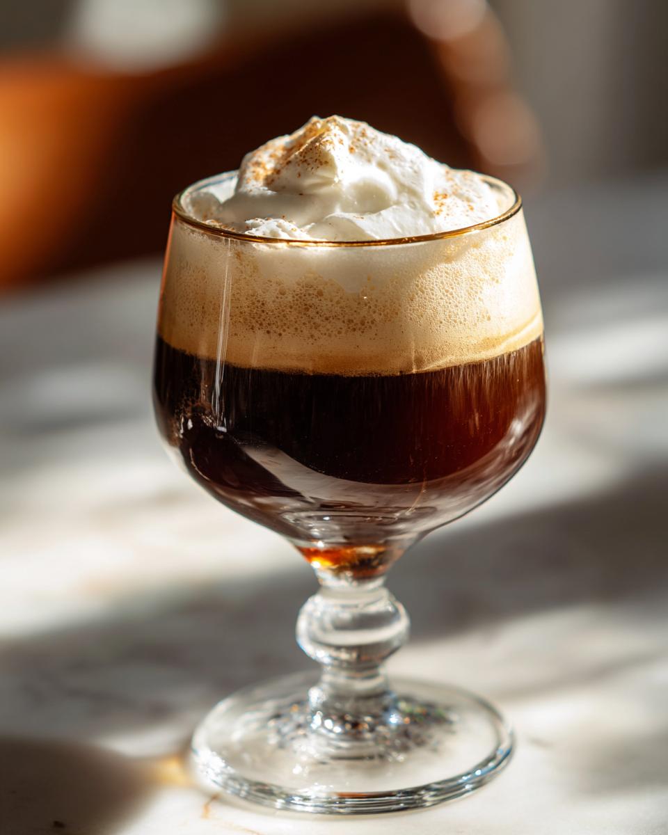 A perfect Irish Coffee in a stemmed glass, topped with whipped cream and a sprinkle of cinnamon.