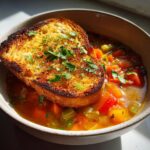 Bowl of Italian Aquacotta Vegetable Soup with a slice of toasted bread, garnished with fresh herbs.