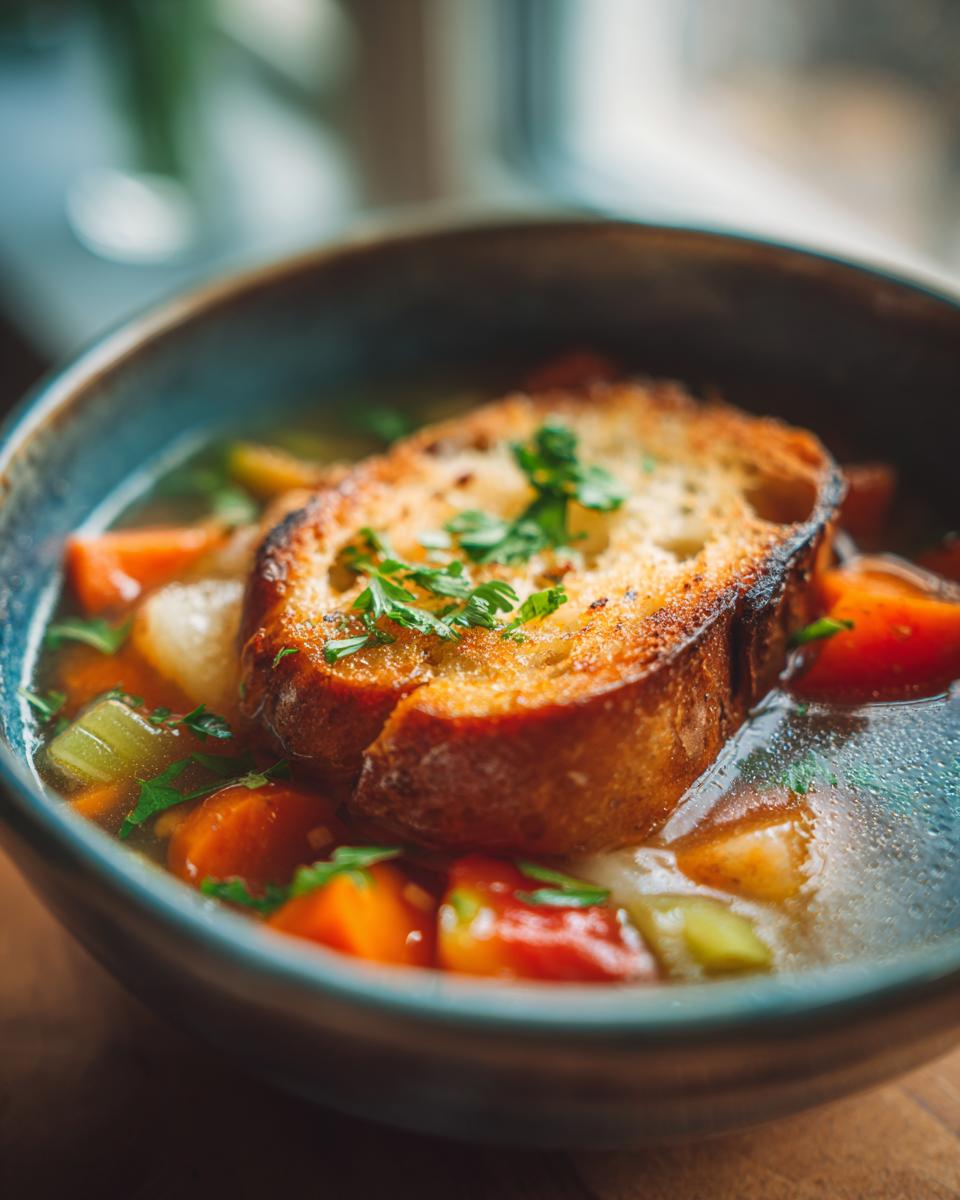 Close-up of a bowl of Italian Aquacotta Vegetable Soup with a slice of toasted bread.