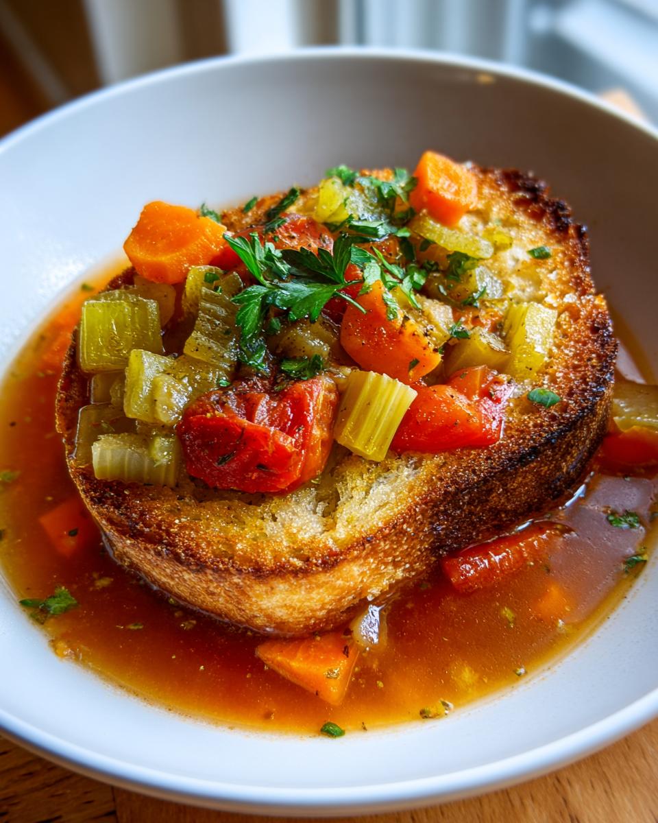 Close-up of Italian Aquacotta Vegetable Soup with toasted bread, vegetables, and broth.