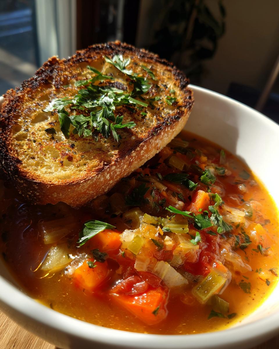 Bowl of Italian Aquacotta Vegetable Soup with toasted bread, garnished with parsley.