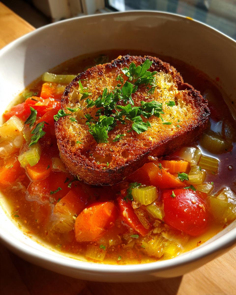 Close-up of Italian Aquacotta Vegetable Soup in a bowl with a slice of toasted bread.
